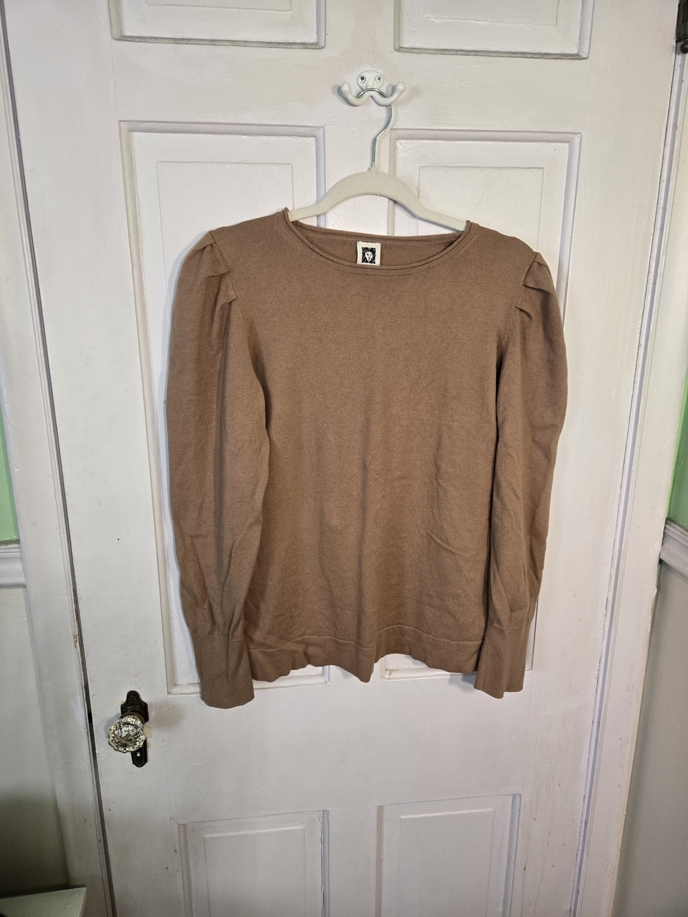 Anne Klein Puff-Sleeve Crewneck Sweater in Brown Size L